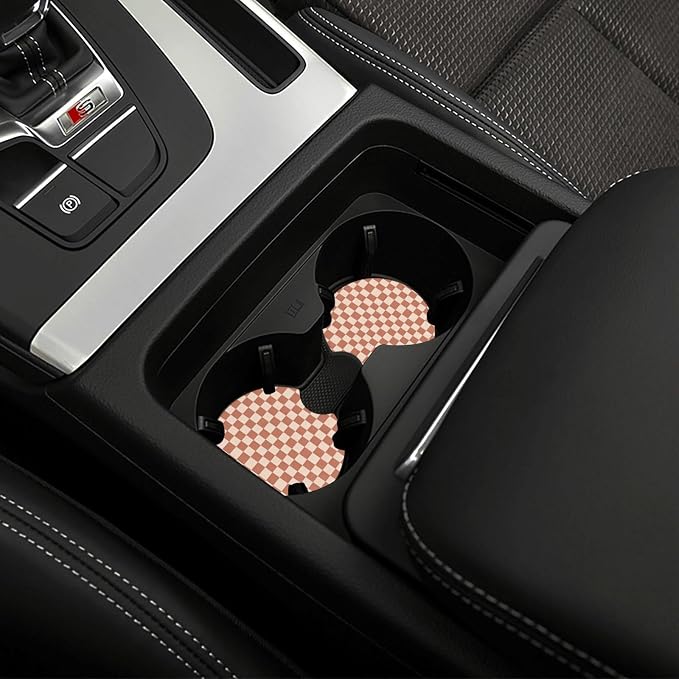 Khaki Checkered Steering Wheel Cover - Racing Flag Steering Wheel Protector Neoprene 15Inch Car Accessories 2 Pcs Car Coasters for Women Men