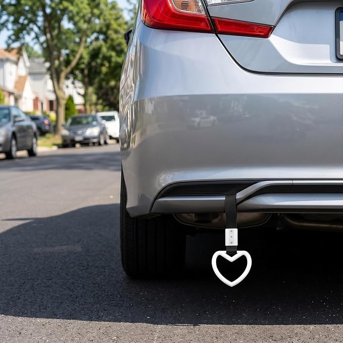 2 Pcs Heart Shaped Car Handle Strap – JD M Drift Charm Rear Bumper Warning Ring Decor for Car Interior Exterior, Subway Bus Handle Accessory, Cute Heart Car Decor Gift for Drivers (White)
