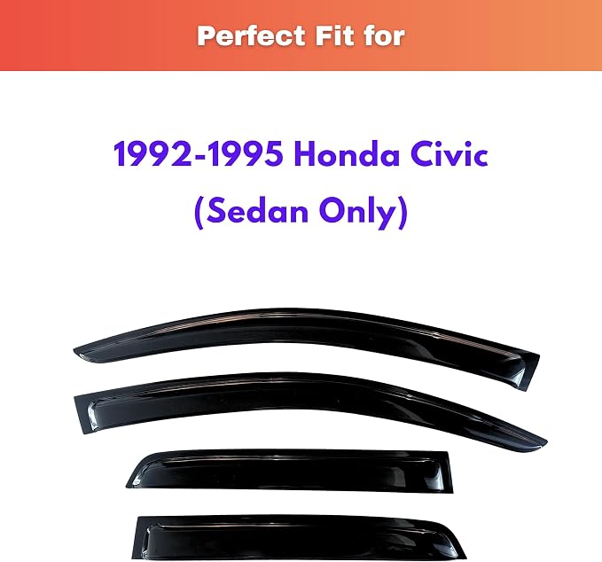 KPY Rain Guards Fit for 1992-1995 Honda Civic Sedan, Out-Channel Window Visors Vent Wind Deflectors 4PC, Car Accessories for 92-95 Civic (Sedan Only)