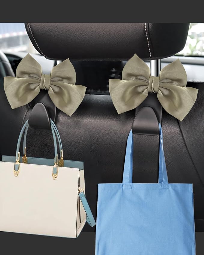 2 Pack Car Purse Holder for Handbags and Bags, Headrest Back Seat Hooks for Cars, Car Bag Hanger for Groceries, Coats, Umbrellas and Daily Essentials, Bow-Shaped Car Interior Organizer (Grass green)