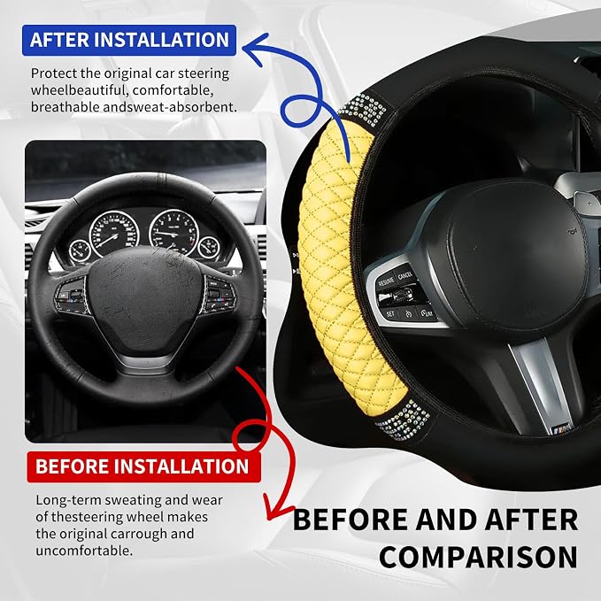Bling Car Steering Wheel Cover, 15 Inch Rhinestones Soft Leather Elastic Steering Wheel Protector, Sparkly Crystal Diamond for Women, Car Interior Accessories for Most Cars (Yellow)