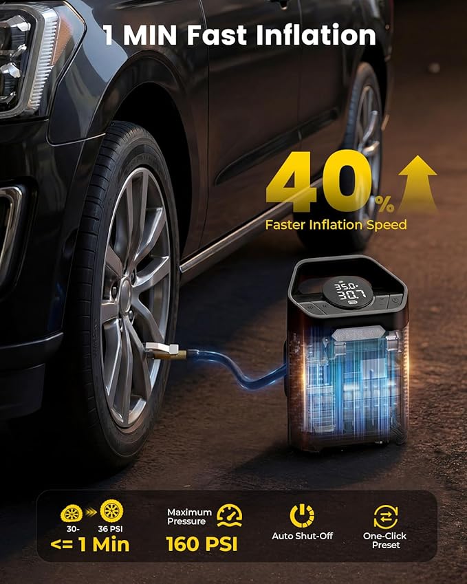 Heavy-Duty 160 PSI Tire Inflator,Electric Ball Pump for Sports Balls,Portable Air Pump with Digital Pressure Gauge and LED Light,Bike Pump for Car,SUV,Bicycle,Basketball,Soccer,Volleyball and Football