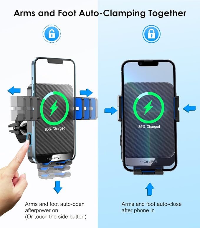 Wireless Car Charger, 15W Fast Charging Auto-Clamping Phone Mount Air Vent Cell Phone Holder Compatible iPhone 15/14/13/13 Pro/12 pro/12/11/X/8, Compatible Galaxy S23/S22/S21/S20, etc Blue