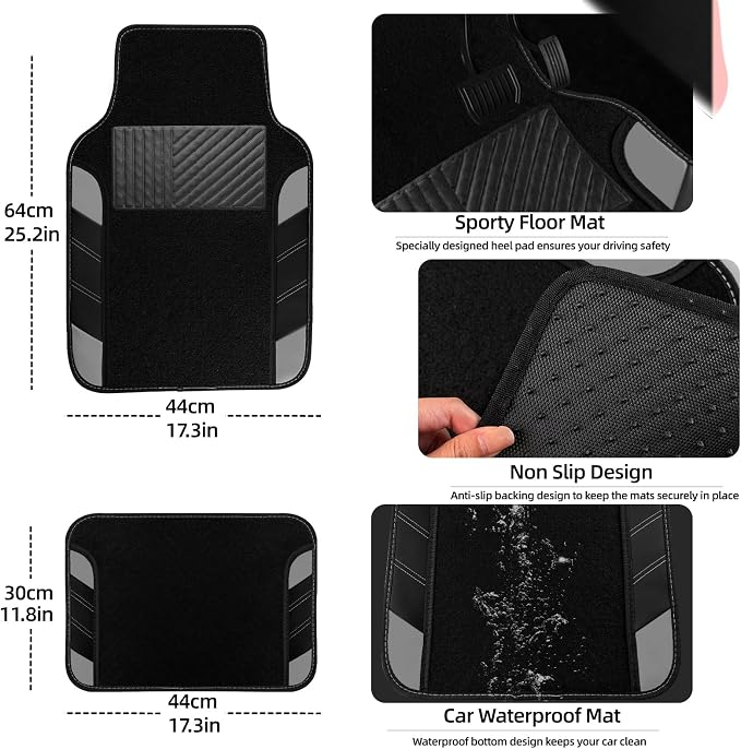 10 Pcs Car Floor Mats Full Set & Sport Leather Steering Wheel Cover 14.5-15 inch, Center Console Cover, Seat Belt Cushion, Cup Holder Coaster, Universal Automobile Interior Sets (Grey)