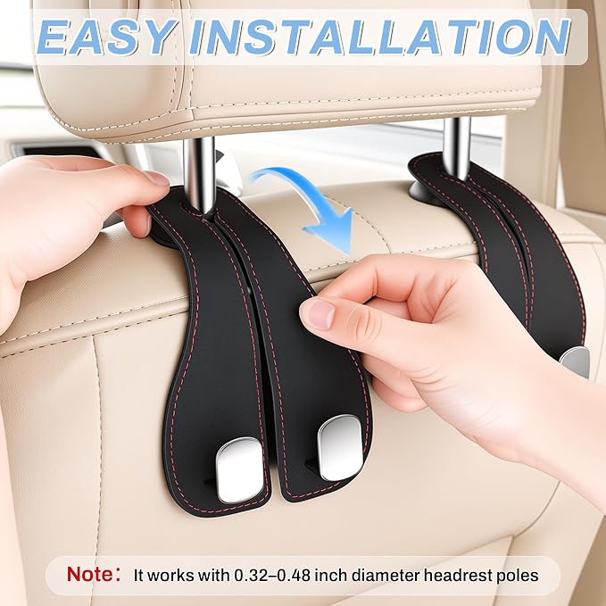 2PCS Car Purse Holder Hook, Seat Back Storage Hook, Leather-Wrapped Alloy Double Headrest Hook for Purses & Bags, Cute Car Interior Accessories for Women and Men, Black