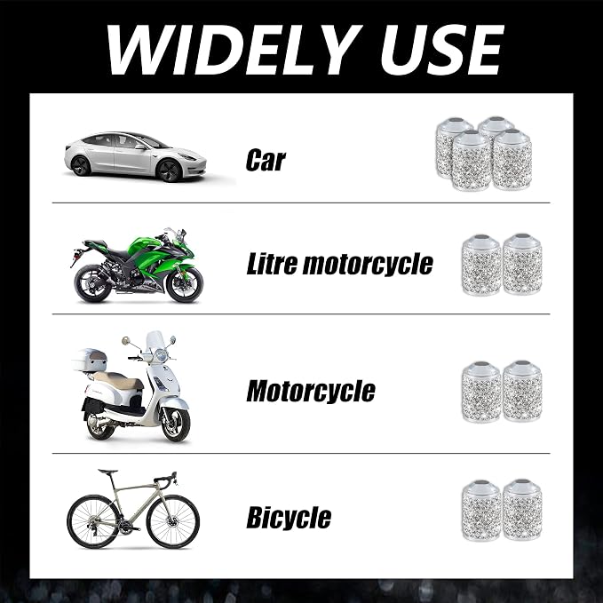 Car Wheel Tire Valve Caps, 4 PCS Bling Tire Valve Caps, Crystal Tire Caps Shinny Rhinestone for Women, Universal Car Dustproof Tire Valve Caps for Cars, Trucks, SUV and Motorcycles (White)