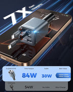 2026 Ultra-Compact Retractable Car Charger, 5 in 1 Car Phone Charger with USB C & Apple Cables, 84W Fast Charging USB C Car Accessories Adapter for iPhone 17/16/15/14/13, Galaxy, Pixel