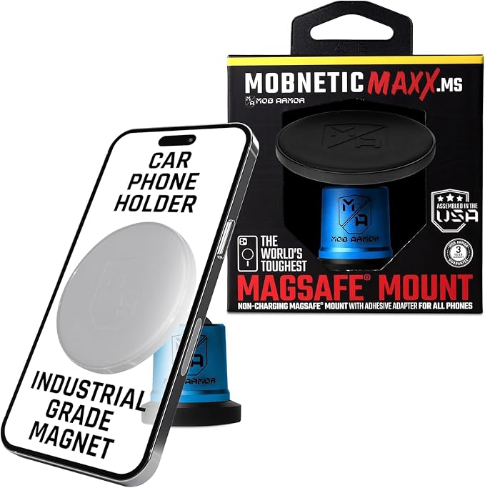 MobNetic Maxx MS - MagSafe Compatible Car Phone Mount w/ 90º Tilt, 360º Rotation & Durable Aluminum Build, Magnetic Holder for iPhone & Android Devices, USA Assembled - Blue