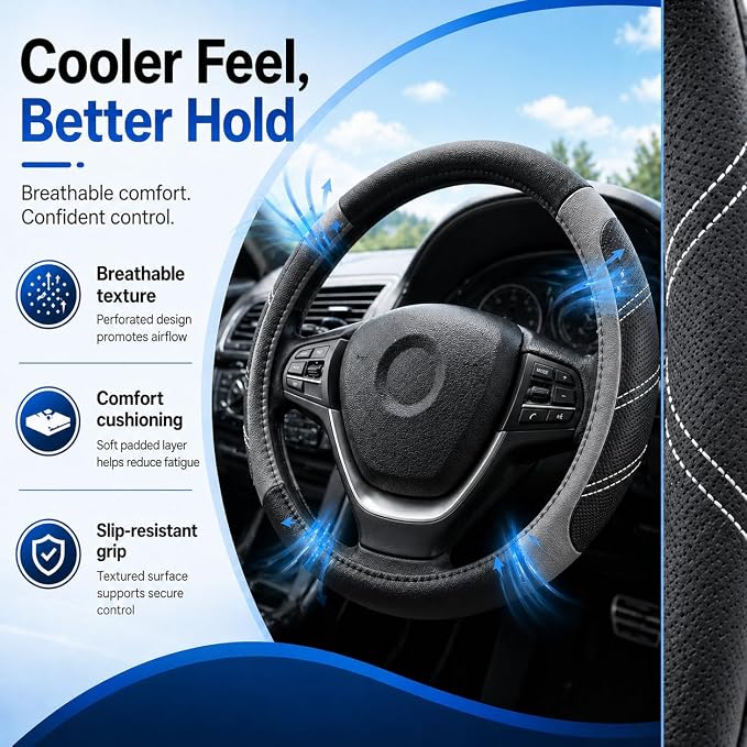Steering Wheel Cover for 14.5" to 15" Wheels, Soft Padded Grip with Anti-Slip Inner Lining, Breathable Comfort for Daily Driving, Easy Stretch Fit for Cars, SUVs and Trucks, Black/Gray