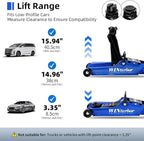 2.5T Floor Jack, 5500 lbs, 3.35"-14.96" Lift, Tire Kit, Pads & Bag | Steel jack, 3.35"-14.96" lift. 360° swivel handle, rear casters. Includes tire kit, 2 rubber pads & bag.