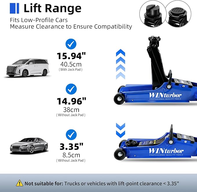 2.5T Floor Jack, 5500 lbs, 3.35"-14.96" Lift, Tire Kit, Pads & Bag | Steel jack, 3.35"-14.96" lift. 360° swivel handle, rear casters. Includes tire kit, 2 rubber pads & bag.