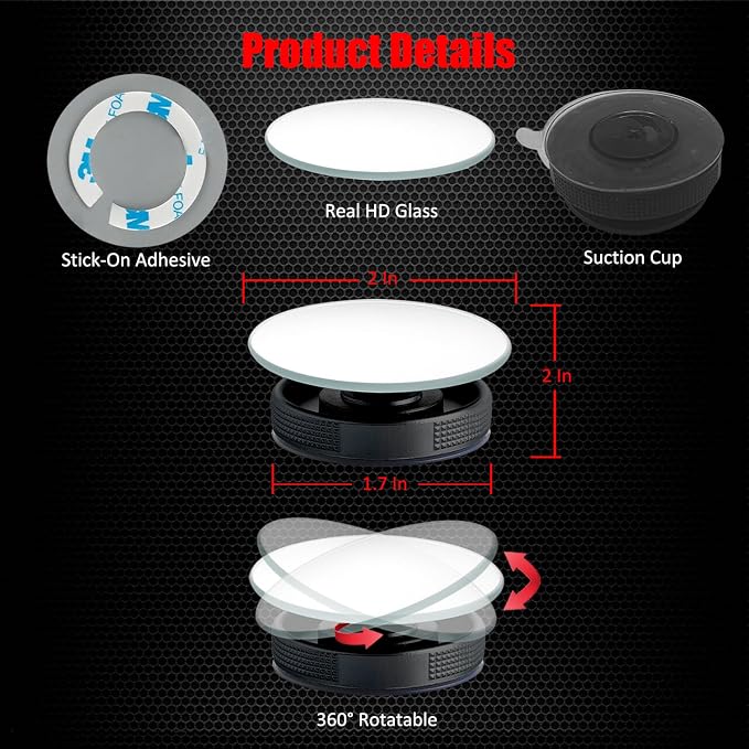 Suction Cup Blind Spot Mirror, 2" HD Glass Frameless Removable Convex Wide Angle Rear View Mirror (Round, Pack of 2)