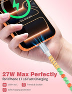 USB A to USB C Cable 6FT,Beaded Charger Cord for iPhone 17 16 Pro Max 17e 15 Car play,Type C Cute Car Charger Cord for iPad 10 11th A16/Samsung S26 S25 S24 S23 FE/Android Phone Girl Women,Green-Orange