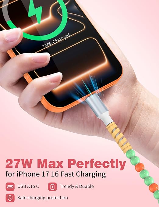 USB A to USB C Cable 6FT,Beaded Charger Cord for iPhone 17 16 Pro Max 17e 15 Car play,Type C Cute Car Charger Cord for iPad 10 11th A16/Samsung S26 S25 S24 S23 FE/Android Phone Girl Women,Green-Orange