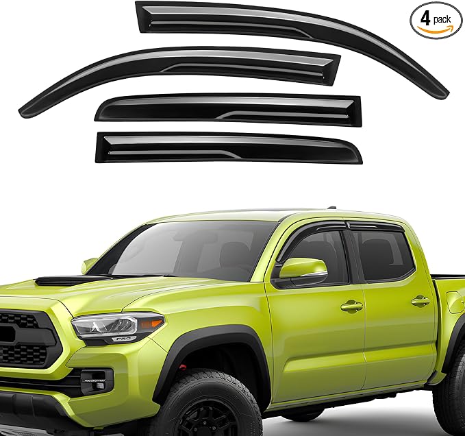 Rain Guards Fit for 2016 2017 2018 2019 2020 2021 2022 2023 Toyota Tacoma Double Cab, Tape-On Side Window Deflector Durable Sun 2016-2023 Tacoma Rain Guard Black 4 PCS