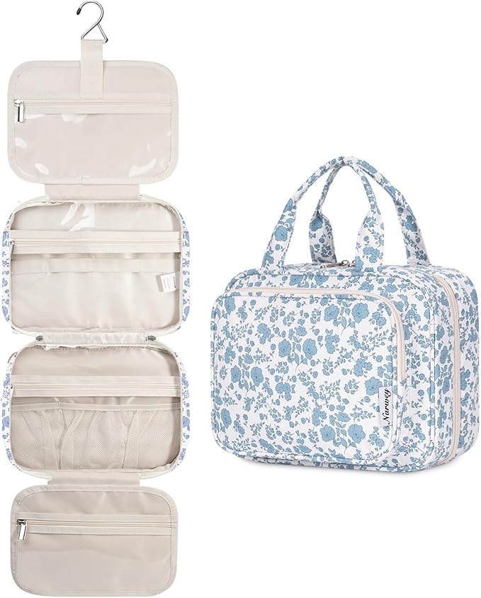 Hanging Floral Toiletry Bag for Women Travel Makeup Bag Organizer Toiletries Bag for Travel Size Essentials Accessories Cosmetics (Blue Flower (Medium))