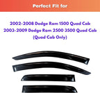 KPY Rain Guards Fit for 2002-2008 Dodge Ram 1500 Quad Cab, Out-Channel Window Visors Vent Wind Deflectors 4PC, Truck Accessories for 2003-2009 Dodge Ram 2500 3500 (Extended Cab Only)