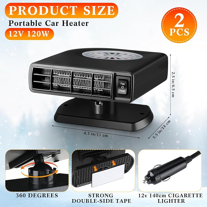 2 Pcs Portable Car Heater, 12V 120W Auto Heating Windshield Defrost Defogger Cooling Car Heater, 2 in 1 Heating and Cooling Car Heater Plugs into Cigarette Lighter