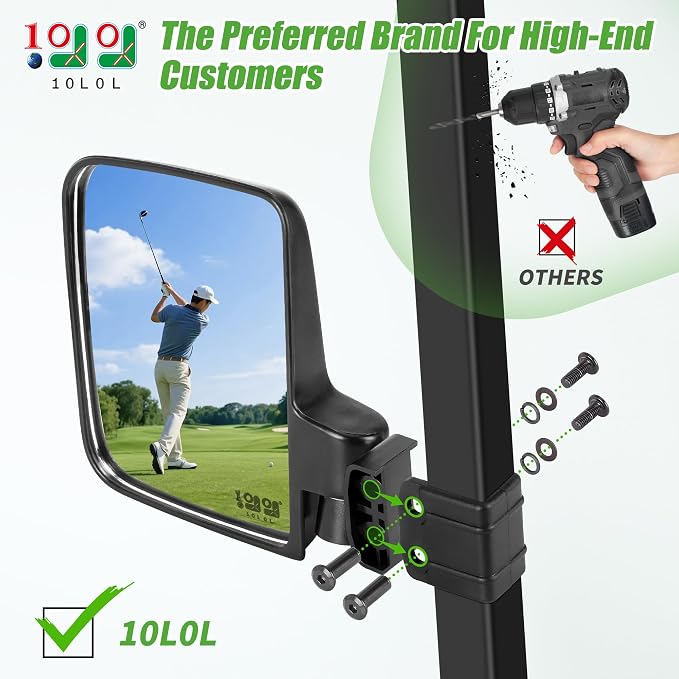 Golf Cart Mirror No Drilling Side Mirrors with Blind Spot Mirrors Universal for Yamaha, Club Car, EZGO, Folding Side Rear View Mirrors Adjustable 180 Degree HD Glass