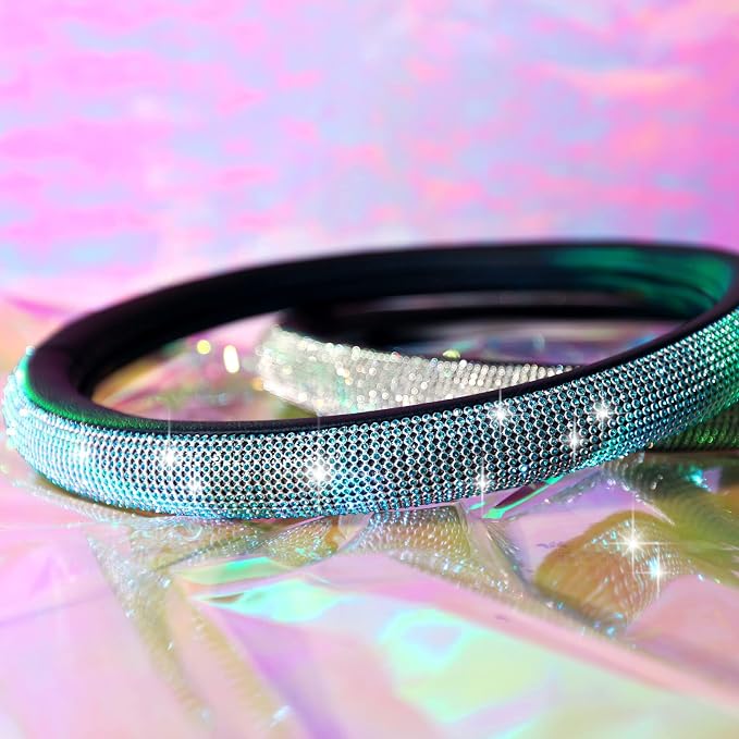 Mint Diamond Black Leather Steering Wheel Cover, Bling Blue Crystal Rhinestones Universal Fit 14"1/2-15" Crystal Glitter for Women Sparkle Girl Fit Suvs,Vans,Sedans,Cars,Trucks, Mint Diamond