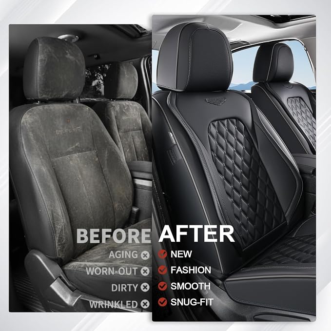Coverado Full Set Car Seat Covers, Black Leather Seat Protectors, Luxury Front & Back Car Seat Covers,Waterproof Universal Fit, Automotive Seat Covers for Most Cars-Black