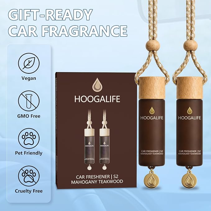 Car Air Freshener 2 Pack, Mahogany Teakwood Hanging Diffuser, 45+ Days Long Lasting Scent, Refillable Bottle, Odor Control for Auto Interior, Made in USA