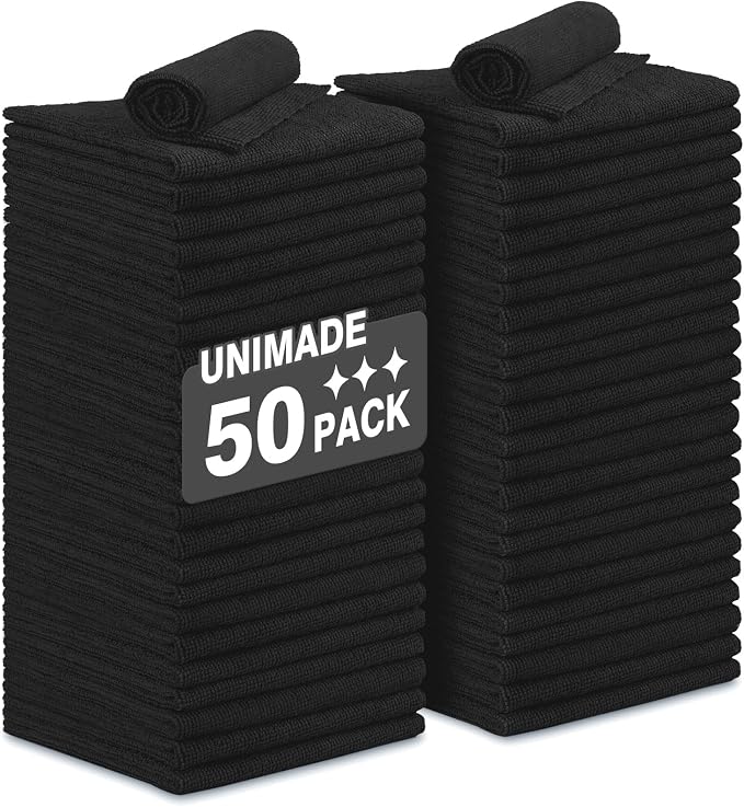 Microfiber Cleaning Cloth, 50 Pack Microfiber Towels for Cars Reusable Shop Rags Bulk Lint Free Cleaning Towels for Car Kitchen Automotive Bar Mechanic Restaurant Garage, 11.5"x 11.5", Black