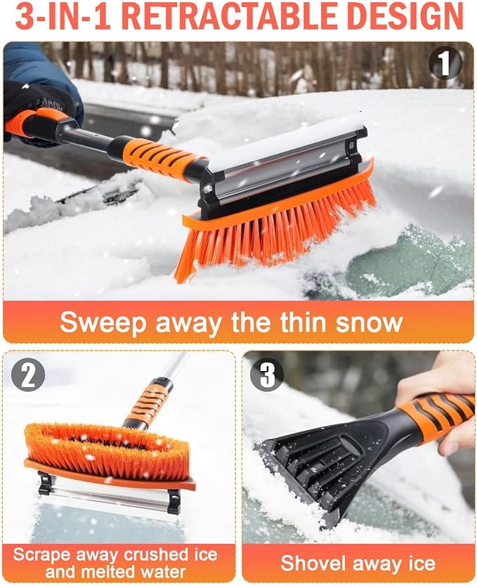 Ice Scrapers for Car Windshield, 43'' Three Stage Extendable Aluminum Alloy Car Snow Scraper and Brush, 180° Pivoting Snow Brush and Ice Scraper for Car, Truck, SUV