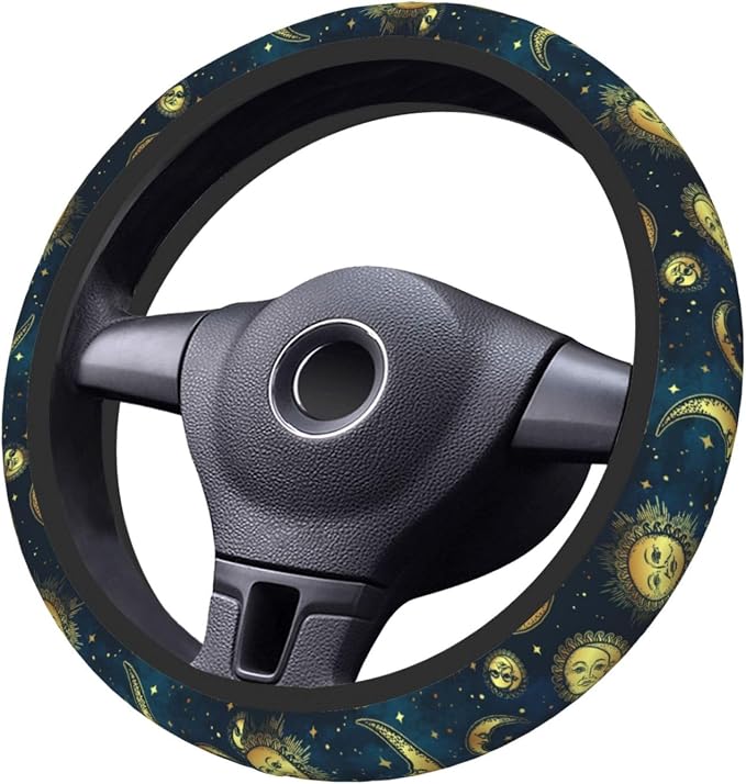 Gold Moon Sun Stars Magical Steering Wheel Cover for Women Men Girls Car Accessories Decor Anti-Slip Neoprene Auto Steering Wheel Covers Protector Universal 15 Inch