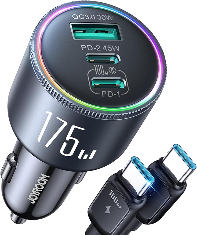 175W Super Fast Car Charger [GaN] 3-Port Car Charger USB C Fast Charge with USB-C Cable, Car Cigarette Lighter USB Charger for iPhone 17/16/15, Samsung S26/25, Pixel 10, MacBook, iPad and More