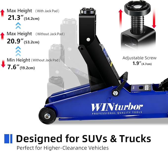 3 Ton Floor Jack, 6000 lb, 7.6"-21.3" Lift, w/Pads, Bag & Tire Kit | Heavy-duty floor jack for SUVs, pickups and sedans. 7.6" entry, 21.3" max lift. Includes 2 pads, bag & 8‑pc tire kit.