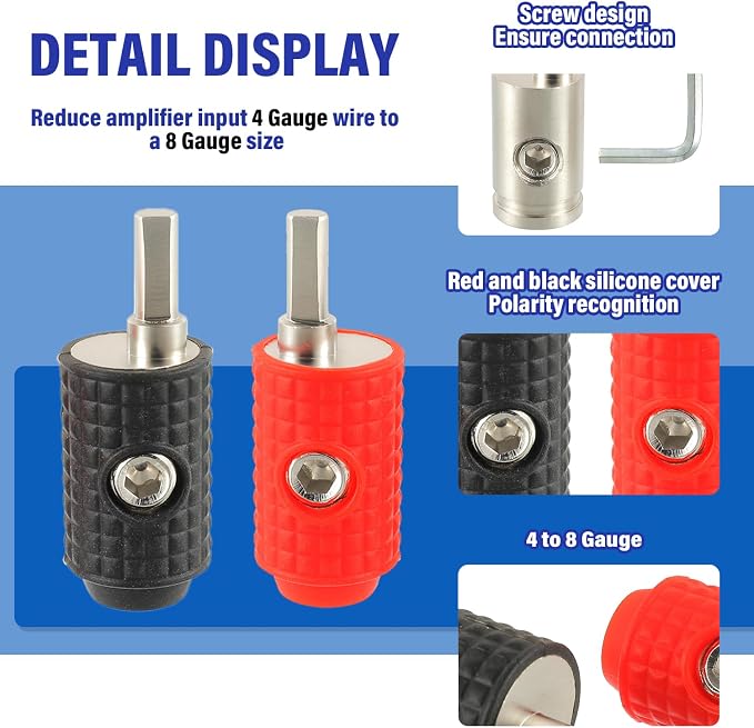 Amp Input Reducer 4 Gauge to 8 Gauge Reducer Car Stereo Power/Ground GA adapters with Red/Black Silicon Covers and Hex Tool for Car Audio Systems (Pack of 2)