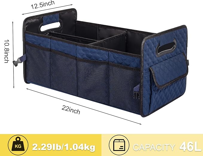 Car Trunk Organizer for SUV, Car Storage Organizer Collapsible Multi Compartment Container Box, Adjustable Car Accessories for Women/Men, Dark Blue