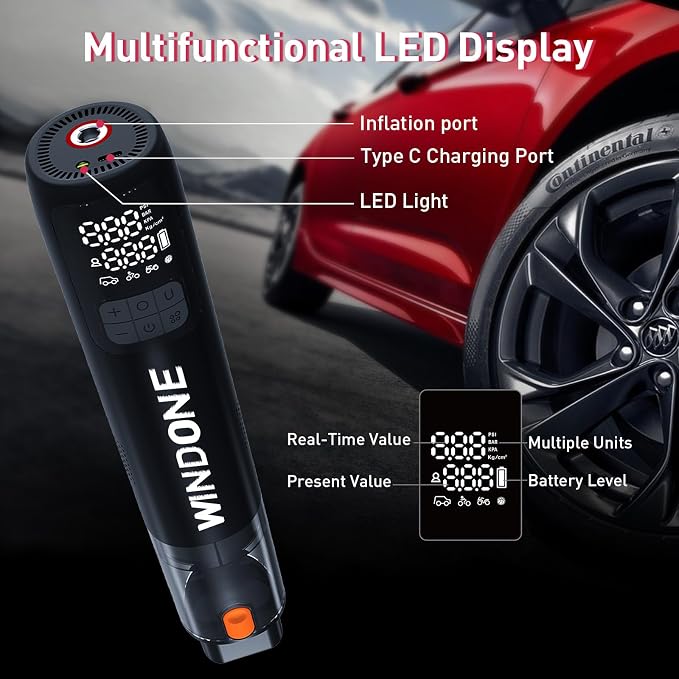 Portable Tire Inflator & Mini Vacuum, 150 PSI Cordless Air Compressor with Deflate Function, LED Display, Auto Shut-Off, Rechargeable Air Pump for Car, Bike, Motorcycle, Balls & Inflatables