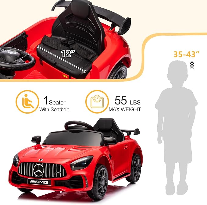 12V Ride on Car, Licensed Mercedes Benz AMG GTR Battery Powered Electric Vehicle, w/Parent Remote, Wider Seat, LED Lights, Openable Doors, MP3 Player, Smooth Start, 3 Speeds - Red