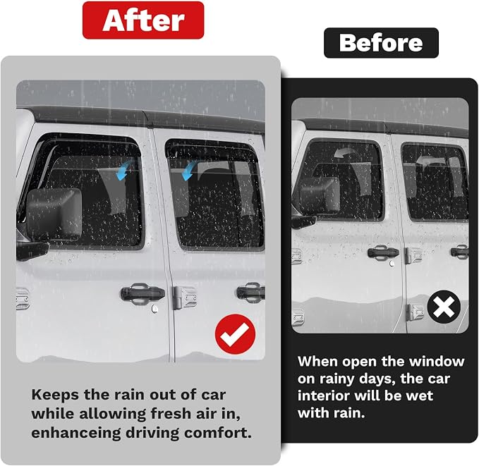 Window Visors Rain Guards for 2020-2025 2026 Jeep Gladiator Accessories, Outside-Mount Tape-On Side Window Wind Deflectors Vent Visors Shades Rainproof Black 4PCS