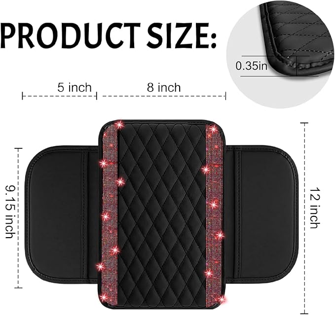 Bling Car Center Console Cover, Leather Car Arm Rest Cover Cushion with 2 Storage Bags, Universal Automotive Armrest Protector Storage Box, Bling Accessories Interior for Most Vehicles (Red)