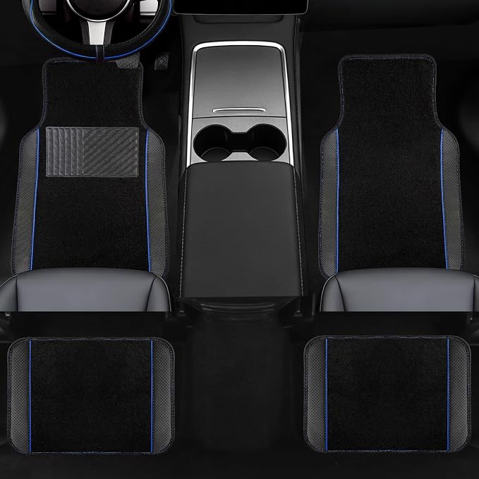 10 Pcs Car Floor Mats Full Set Car Accessories, Microfiber Leather Steering Wheel Covers 14.5-15 inch, Center Console Cover, Seat Belt Pads, Cup Coasters, Universal Interior Decor(Blue)