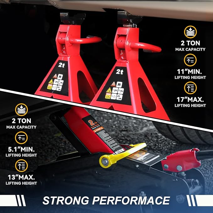 2 Ton Floor Jack with Jack Stands, Heavy Duty Steel Hydraulic Racing Floor Jack with Single Piston Quick Lift Pump, Hydraulic Trolley Service Car Jack, Red/Black