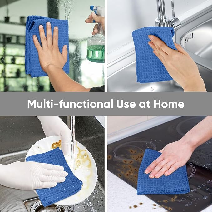 Waffle Weave Microfiber Towel, 10 Pack Lint Free Cleaning Rags, 12 x 12 Inches Barista Towels, Reusable Microfiber Cleaning Cloth for Household, Kitchen, Glass and Window, Blue