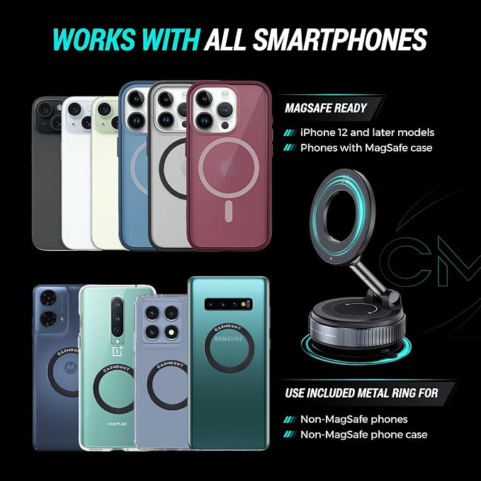 Clutch-X™ Black – Vacuum Phone Mount Suction Cup Car Phone Holder for iPhone, Window Phone Mount for Travel, 360° Vacuum Magnetic Phone Holder for Car, Magnetic Phone Holder with Suction Cup
