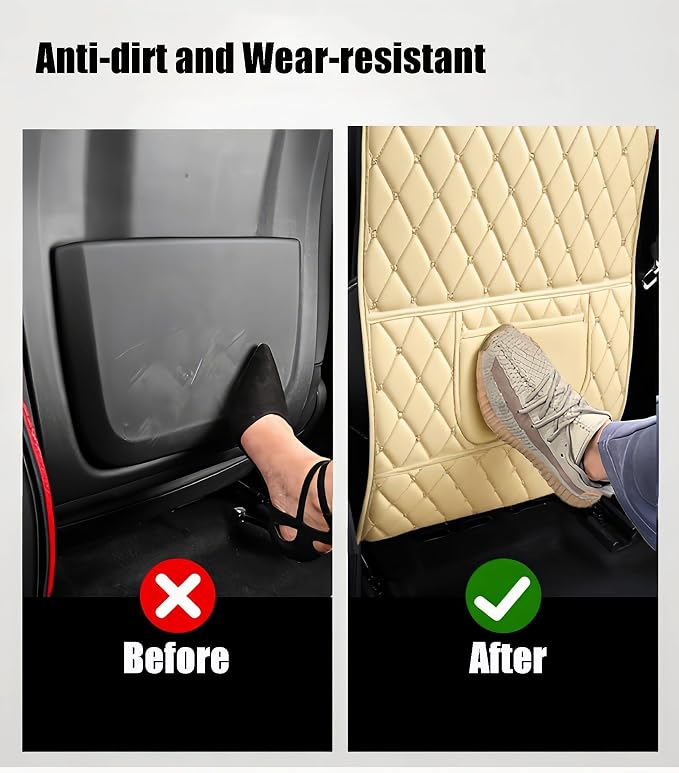 Leatherette Car Seat Protector - 2 Pack Large Car Kick Mats with Storage Organizer Seat Back Cover Against Dirty Shoes & Scratches, Universal Fit for Most Vehicles (Beige)