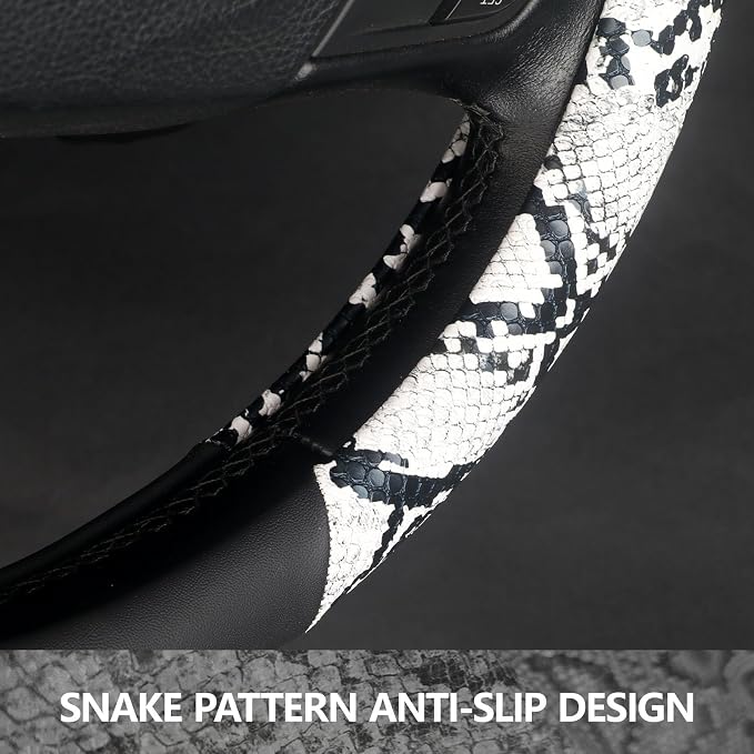 Snake Skin Steering Wheel Cover, Universal 14.5-15 inch Breathable Microfiber Leather Anti-Slip Car Steering Wheel Protector for Women Men, Black&White