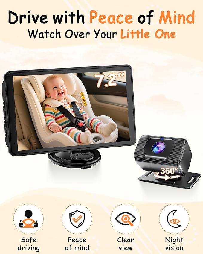 Baby Car Camera 7.2-Inch Monitor: 1080P HD Rear Facing Infant Backseat Camera with Night Vision 360° Rotation Wide Angle USB Plug & Play Anti-Glare Screen for Safe Driving F25