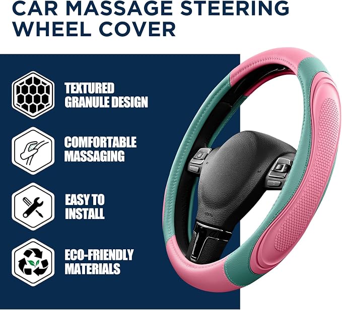 Car Steering Wheel Cover - Microfiber Leather Steering Wheel Wrap Sports 14.5-15 Inch Steering Wheel Cover Non-Slip for Men Women Pink & Green Color