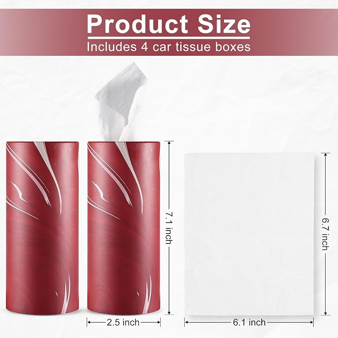 Car Tissue Holder, 4 Pack Car Cup Holder Facial Tissues with Travel Tissue Bag, Quick and Convenient Flower Combination Car Tissue Box(4 Canisters/200 Tissues) Red