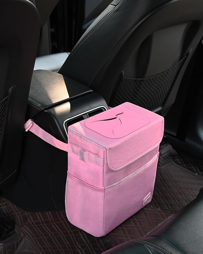 Car Trash Can Cute - Multifunctional Interior Car Accessory for Women, Car Organizer and Storage with Adjustable Straps, Car Stuff Storage 2 Gallons (Leopard-Print Pink)