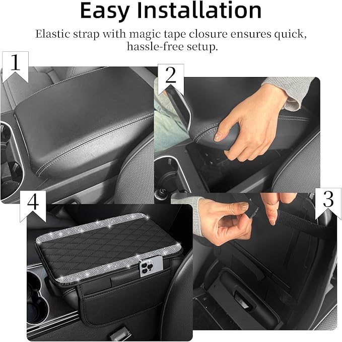 Bling Car Center Console Cover, Leather Car Arm Rest Cover Cushion with 2 Storage Bags, Universal Auto Armrest Protector Storage Box, Bling Accessories Interior for Most Vehicles (Silver)