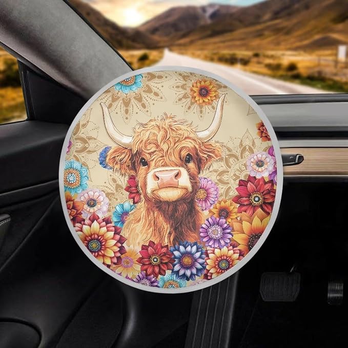 Highland Cow Steering Wheel Sun Shade Cover for Women Mandala Floral Steering Wheel Sun Block Anti-Heat Aluminum Foil Steering Wheel Cover