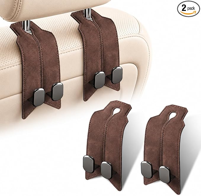2Pcs Car Headrest Hooks with Premium Leather, Upgraded Double Metal Hooks with Anti-Drop Design, Universal Back Seat Hanger for Bags, Coats, Purses and Groceries (Classic Brown)